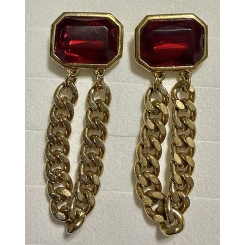 Gold Tone Dangle Fancy Red Zirconia Women Earrings Jewelry
